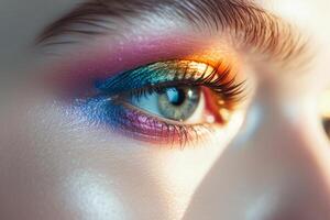 AI generated Closeup view of female eye with bright multicolored fashion makeup. Generative AI photo
