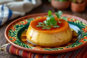 ai generado hecho en casa Flan con caramelo salsa. crema pudín en decorativo plato. generativo ai foto