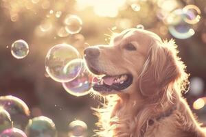 AI generated Dog with soap bubbles in summer outdoor. Generative AI photo