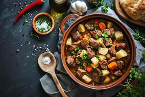 AI generated Beef meat and vegetables stew in ceramic bowl. Generative AI photo