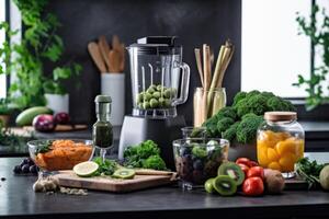 AI generated Delicious fresh smoothies and a blender with ingredients on the kitchen table. Lots of vegetables and fruits around photo