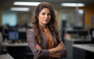 AI generated Confident businesswoman in corporate office stands with arms crossed, professional job interview attire image photo