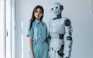 AI generated Woman stands beside artificial intelligence robot photo