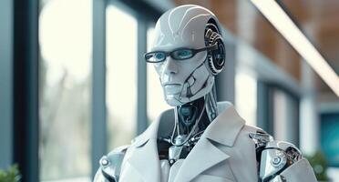 AI generated Robotic doctor with glasses standing in lab coat photo