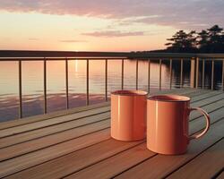 AI generated Coffee mugs on the outdoor wooden deck near the lake, picture of coffee photo