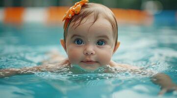 ai generado alegre bebé niña en un nadando piscina, niños y agua imagen foto