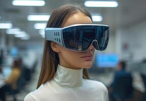 AI generated Woman in virtual vision glasses in office setting photo