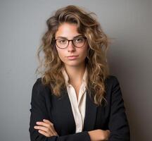 AI generated A business woman arms crossed posing in business suit against white background, professional job interview attire image photo