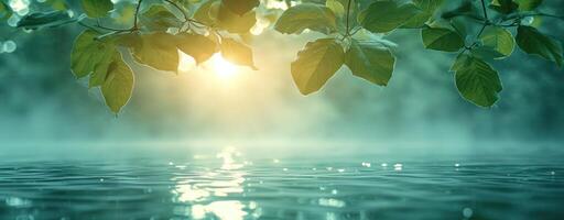 AI generated Sun shining through water with green leaves, nature and water picture photo