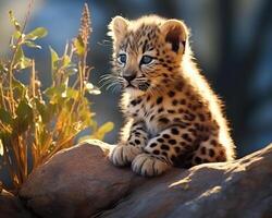 ai generado adorable pequeño leopardo descansando en rocas, bebé salvaje animales foto