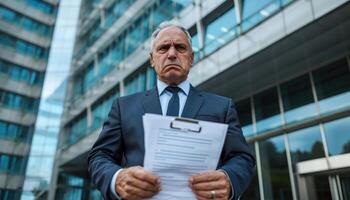 AI generated Mature businessman holds paperwork frowning in front of an office building, debt acceptance picture photo