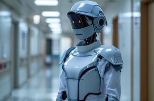 AI generated Robotic nurse standing in hospital futuristic healthcare assistance with advanced technology photo