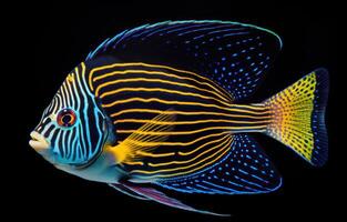 AI generated Colorful angelfish swim gracefully against a black background, underwater marine life image photo