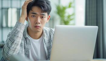 AI generated Young asian man at home using laptop hand on head looking concerned and stressed, financial difficulties picture photo