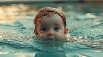 AI generated Happy baby girl enjoys swimming in the pool, children and water photo