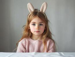 AI generated Young girl with bunny ears poses in front of a white table, easter fashion concept photo