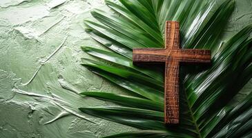 AI generated Wooden cross resting on green leaf, palm crosses image photo