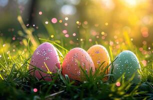 ai generado Pascua de Resurrección huevos descansando en el verde césped, Pascua de Resurrección huevos concepto foto