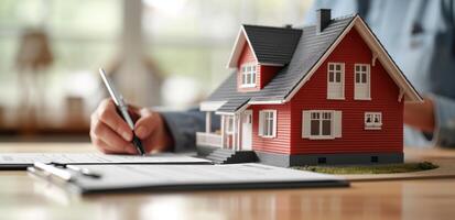 AI generated Someone signs papers at a desk beside a house model, home loan paperwork picture photo