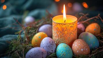 AI generated Candle surrounded by easter eggs creates a festive scene, easter candles photo