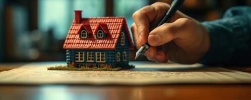 AI generated Hand signing with pen next to a toy house, home loan paperwork image photo