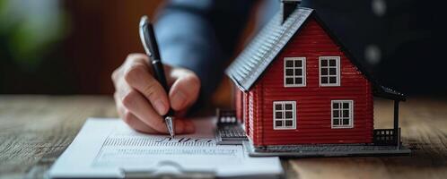 AI generated Person signs document with house model sealing a real estate deal, home loan paperwork photo