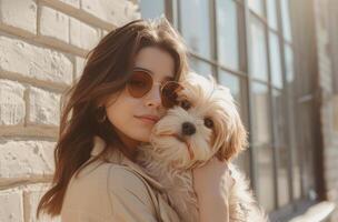 AI generated A lady with her dog outside a building, fashion photography photo