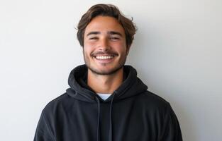 AI generated Happy man wearing black hoodie poses against a white backdrop, fashion photography photo