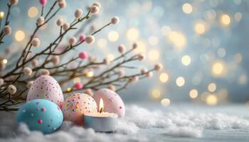 AI generated Pussy willow branches and easter egg candles create a festive ambiance over bokeh lights, palm sunday sunset image photo