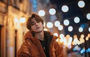 AI generated A young man in a jacket posing against the backdrop of city street lights at night, fashion image photo