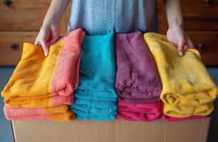 AI generated Woman packing colorful towels atop a box, packing and decluttering photo