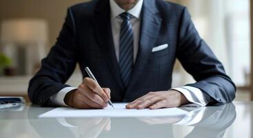 AI generated A businessman confidently signing a document, corporate paper reports picture photo