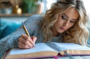 AI generated Woman writing on notebook paper, education paperwork concept photo