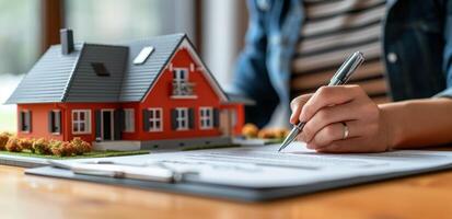 AI generated Person signs document at desk near house model, home loan paperwork concept photo