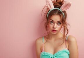 AI generated Woman wearing bunny ears poses against vibrant pink backdrop, easter fashion picture photo