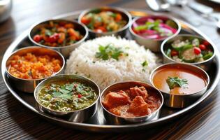 ai generado un indio condimento thali, gudi Padwa dulces y cocina concepto foto