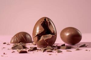 ai generado roto chocolate huevo en rosado fondo, Pascua de Resurrección chocolates imagen foto