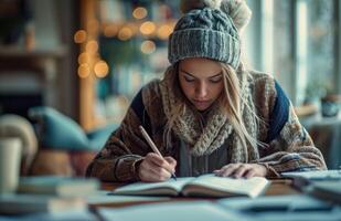 AI generated Woman writing on paper, education paperwork photo