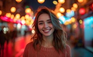 AI generated Young beautiful woman smiles in a city at night, fashion photo