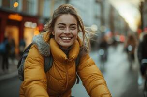 AI generated Woman joyfully rides bicycle along city street, fashion and style image photo