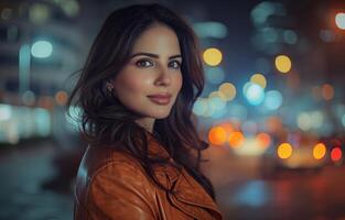 AI generated Beautiful woman in leather coat city night scene, fashion photography photo