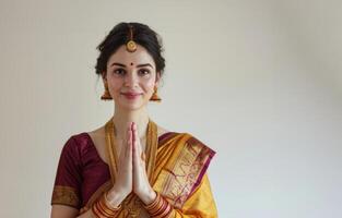 AI generated Woman in marathi sari praying with folded hands, gudi padwa traditional clothing photo