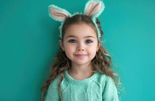 AI generated Young girl with bunny ears on green background, easter fashion image photo