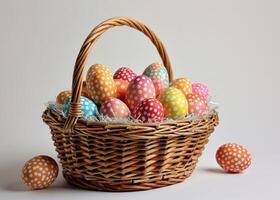 AI generated Basket full of colorful easter eggs on a white background, easter baskets photo