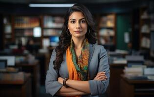 AI generated Businesswoman stands confidently with crossed arms in corporate office, hiring image for startups photo