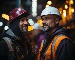 ai generado dos construcción trabajadores en algunos construcción y Ingenieria sitio en el noche con sombreros duros, construcción y Ingenieria imagen foto