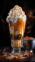 ai generado con hielo caramelo café con cremoso Adición, café jarra imagen hd foto