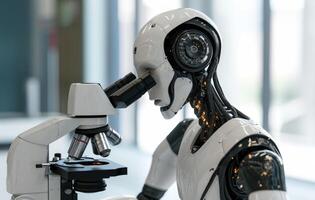 AI generated Robot exploring through microscope photo