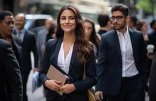 AI generated Young businesswoman confidently holds folder with people around, hiring image for startups photo