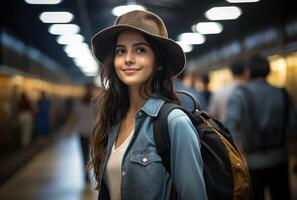AI generated A photo of a young woman in a train station wearing a backpack, urban transportation image